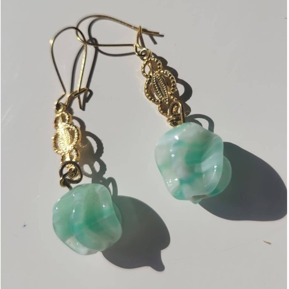 Gold Tone Dangle Vintage Earrings with Swirl Pattern Glass